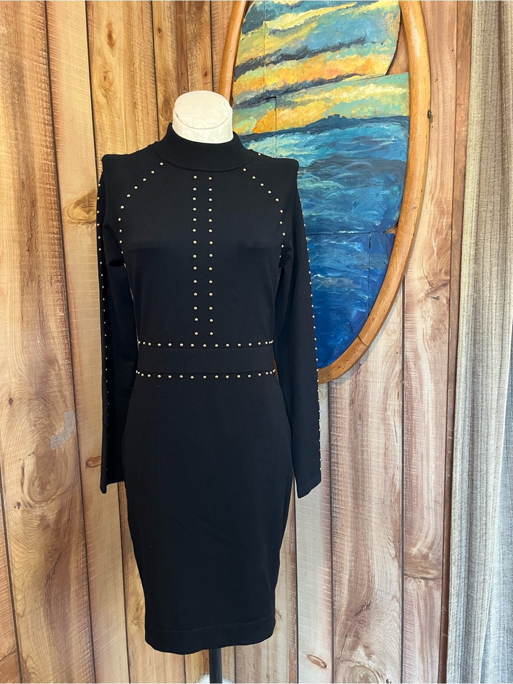 💋 Karen Millen Black Long-Sleeve Mock Neck Studded Dress